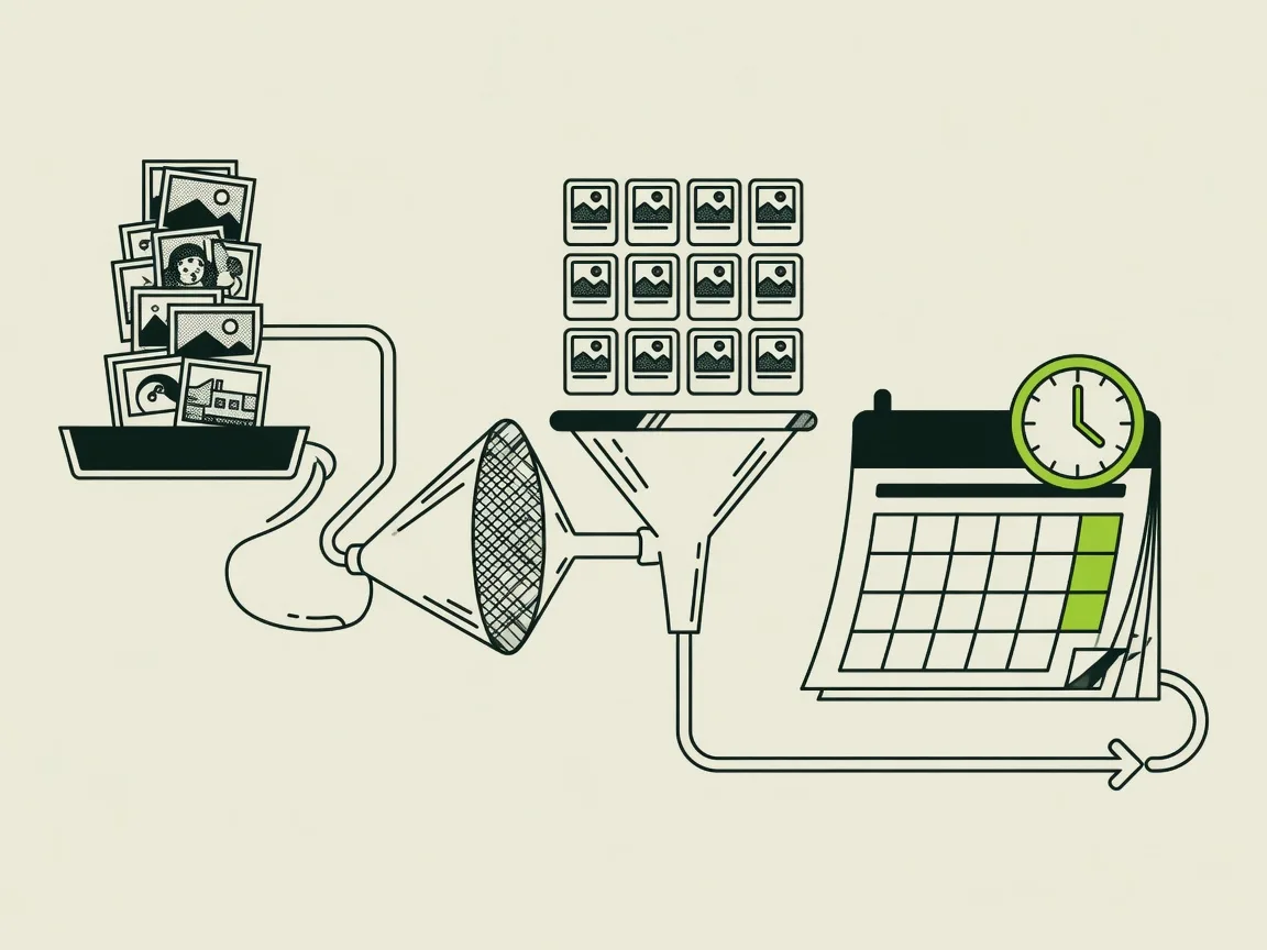 Image sourcing to scheduled posting pipeline illustration