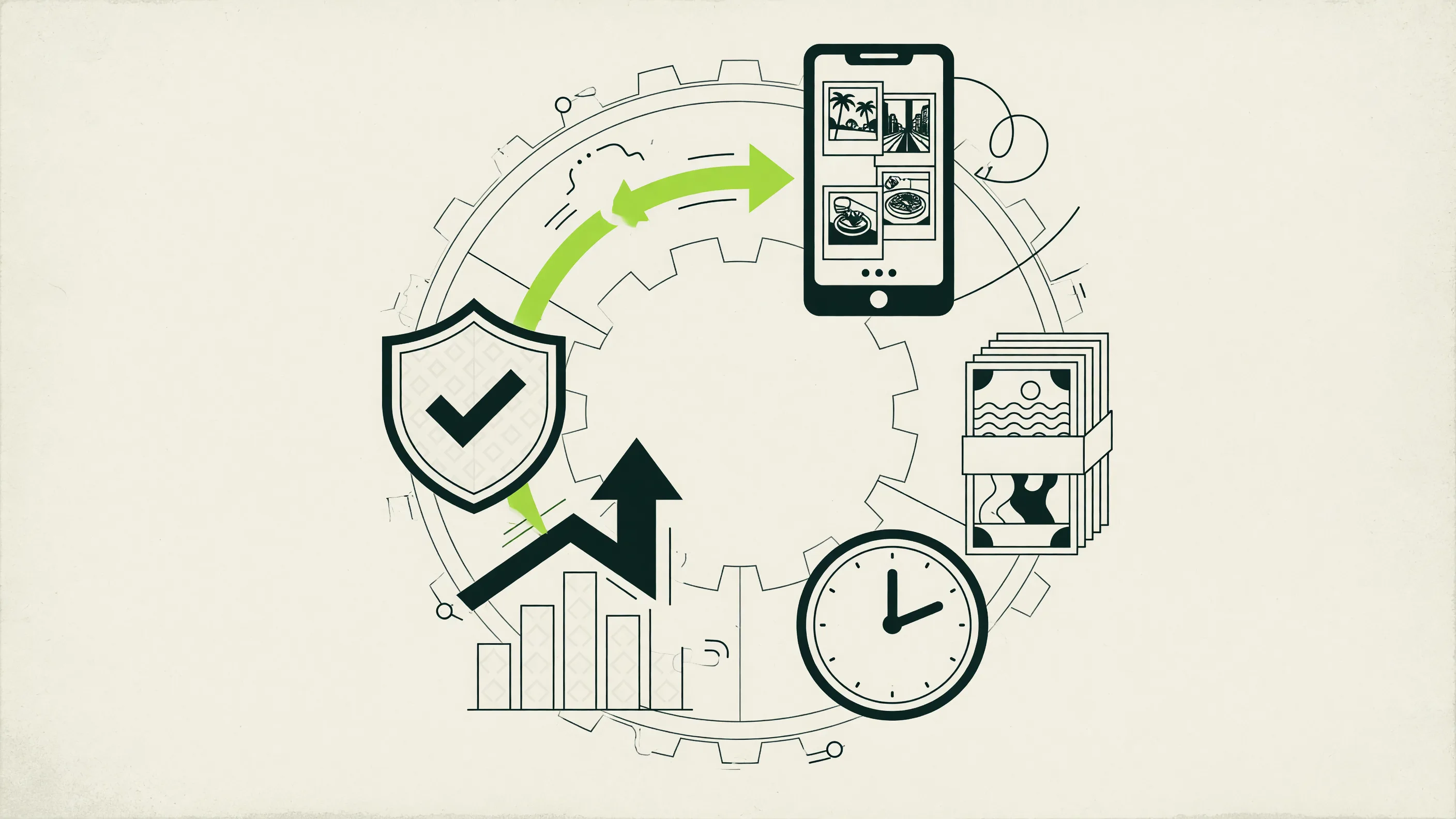 Line icons for photo slides, a checkmark shield, a rising bar chart, a clock, and cash arranged around a gear