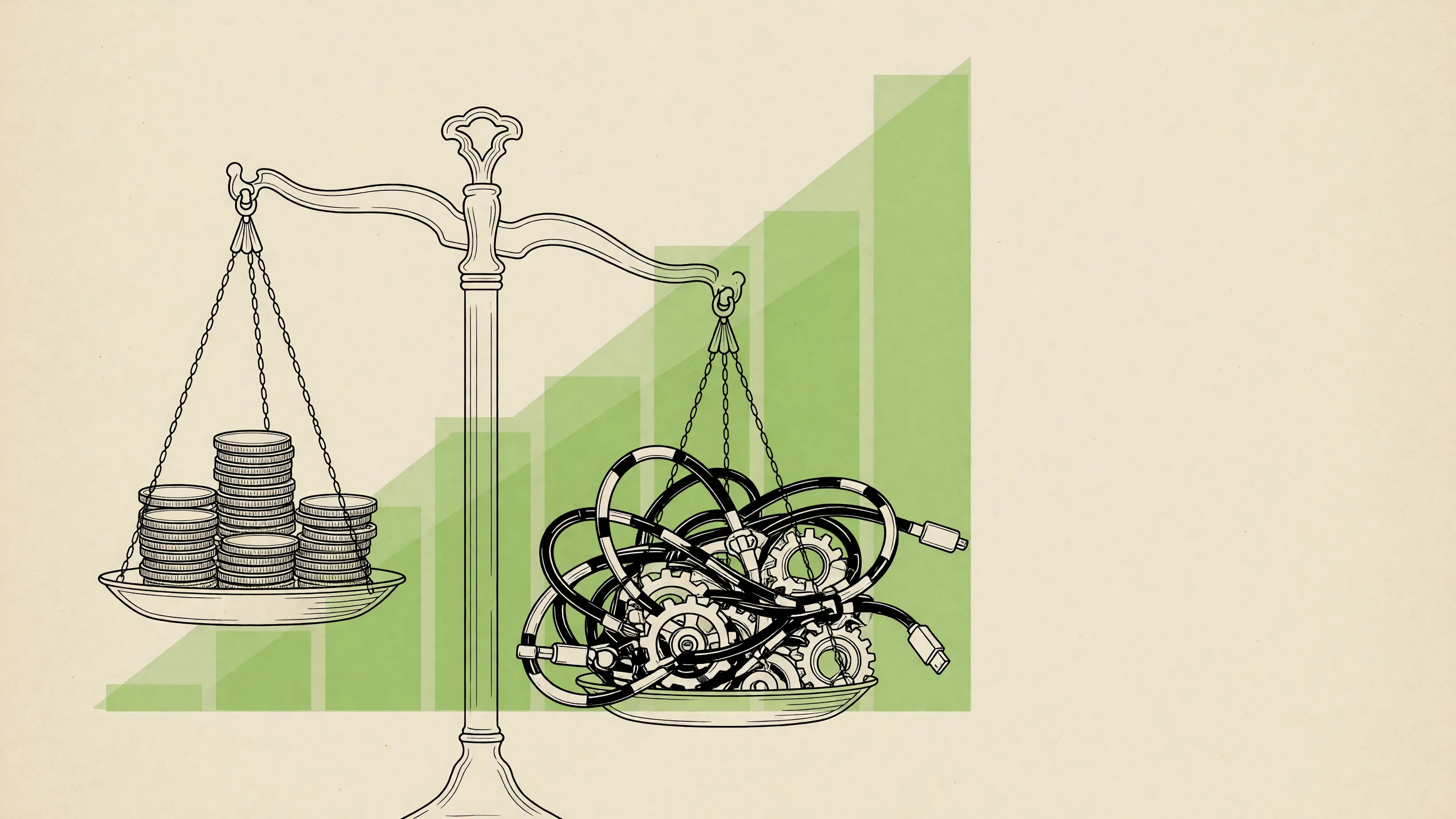 Balance scale weighing a stack of coins against a tangle of cables and gears, with the cable side heavier