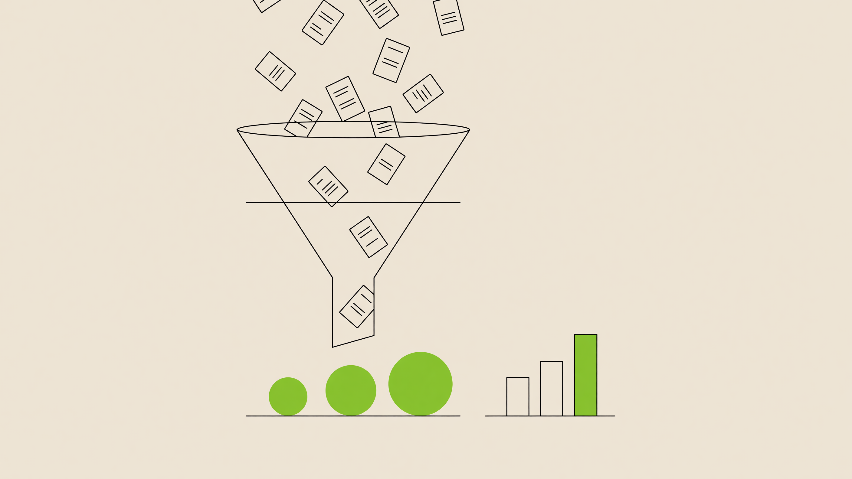 Flat vector diagram of a funnel filtering many small content cards down to a few, with three acid-green circles and a small bar chart beside it, drawn in ink on a warm bone background