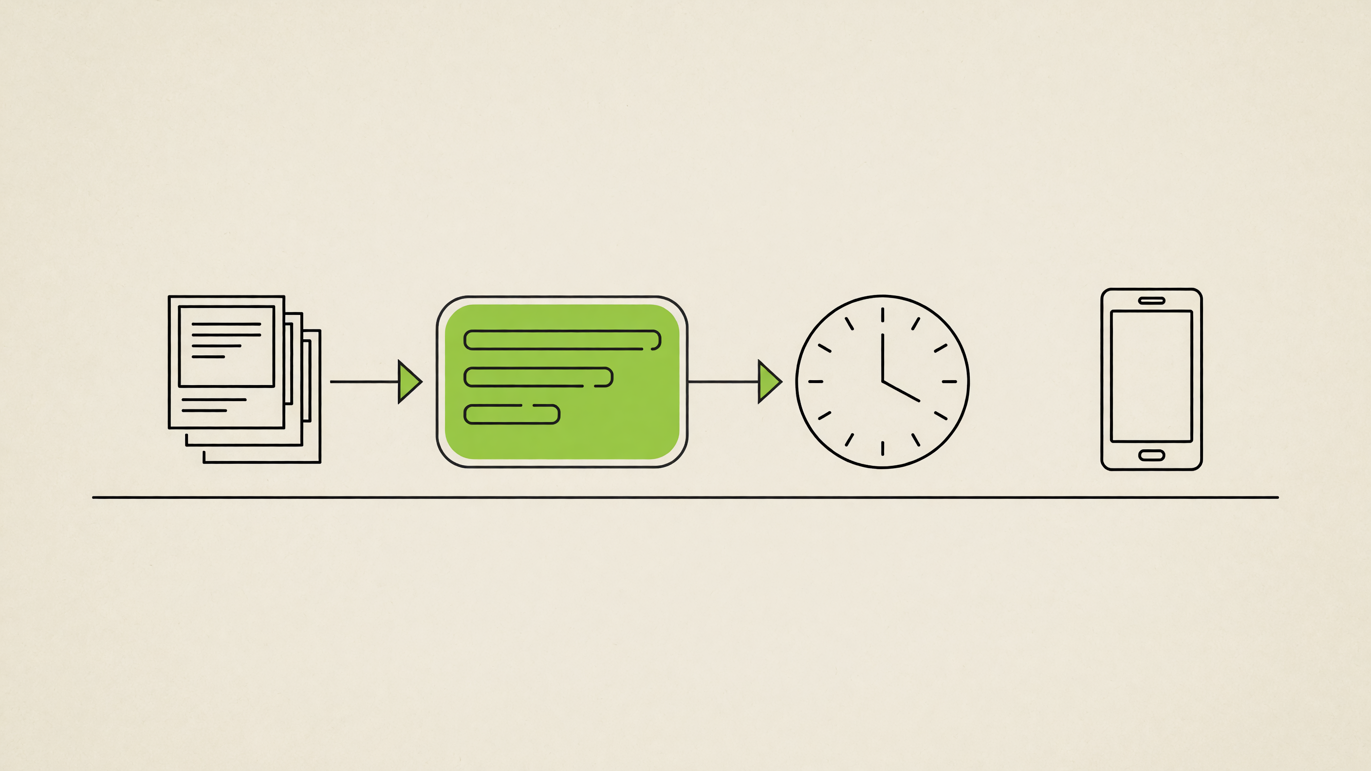 Flat vector diagram of a four-stage pipeline: a stack of image cards, a queue of stacked bars, a clock face, and a phone outline, connected by ink arrows with acid-green accents on a warm bone background
