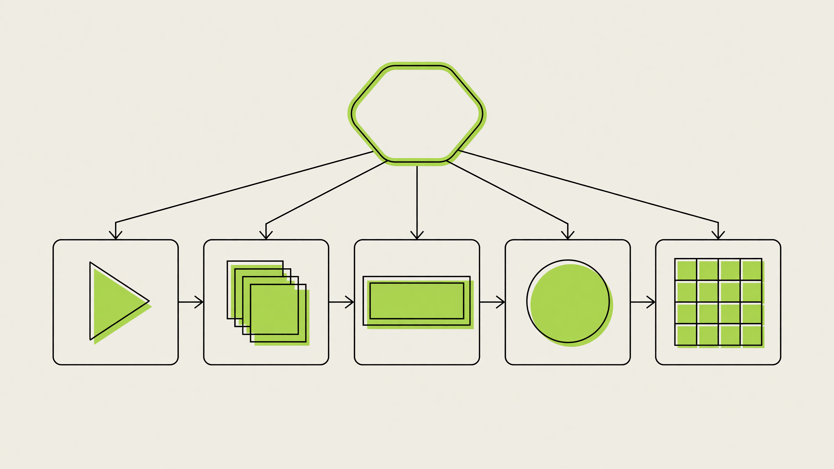 Flat vector diagram showing one source asset branching into five equally sized format cards connected by thin arrows