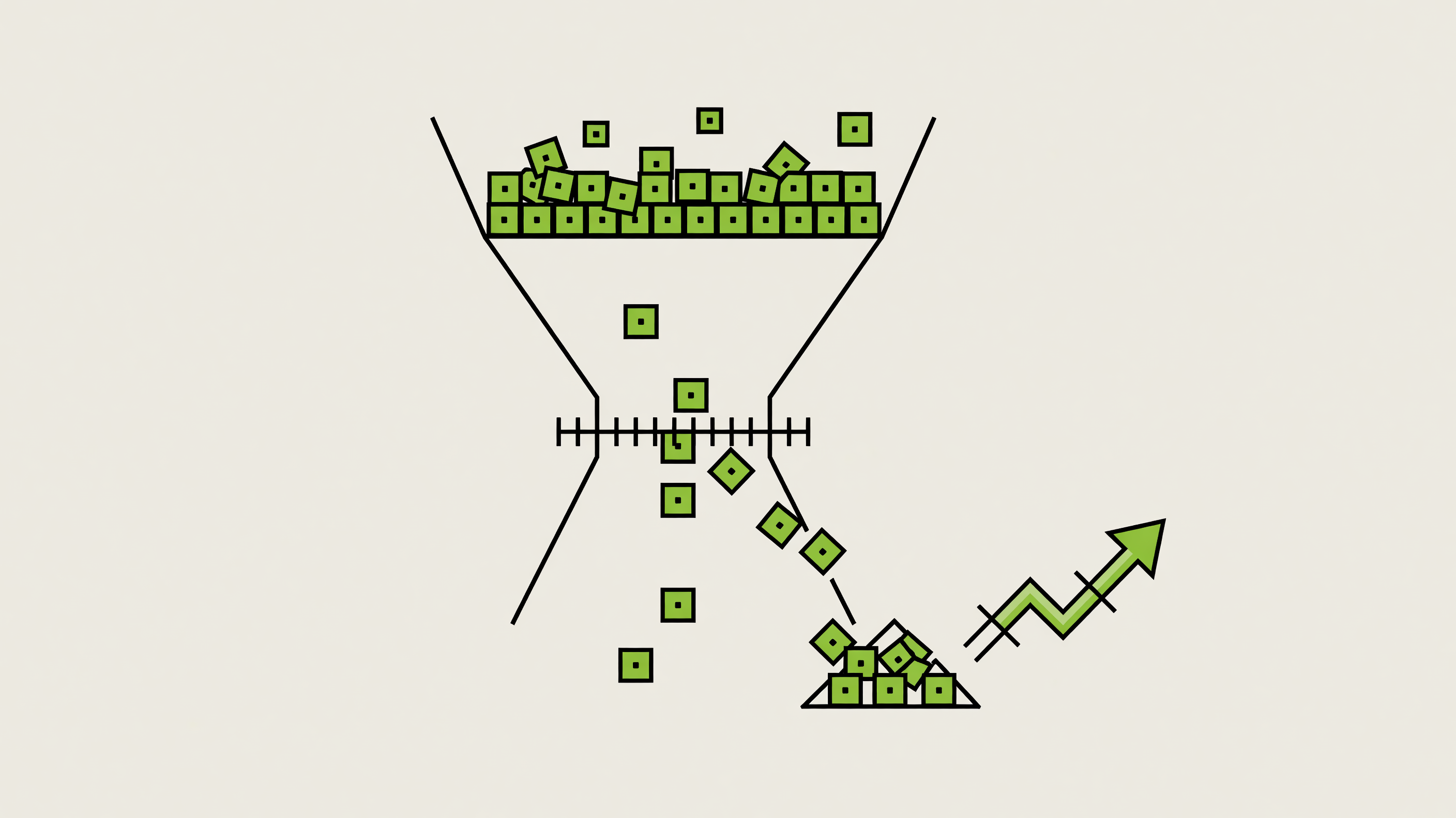 Flat vector diagram of many small tiles entering a funnel, passing through a narrow checkpoint bar, with some continuing down and others deflected into a discard pile
