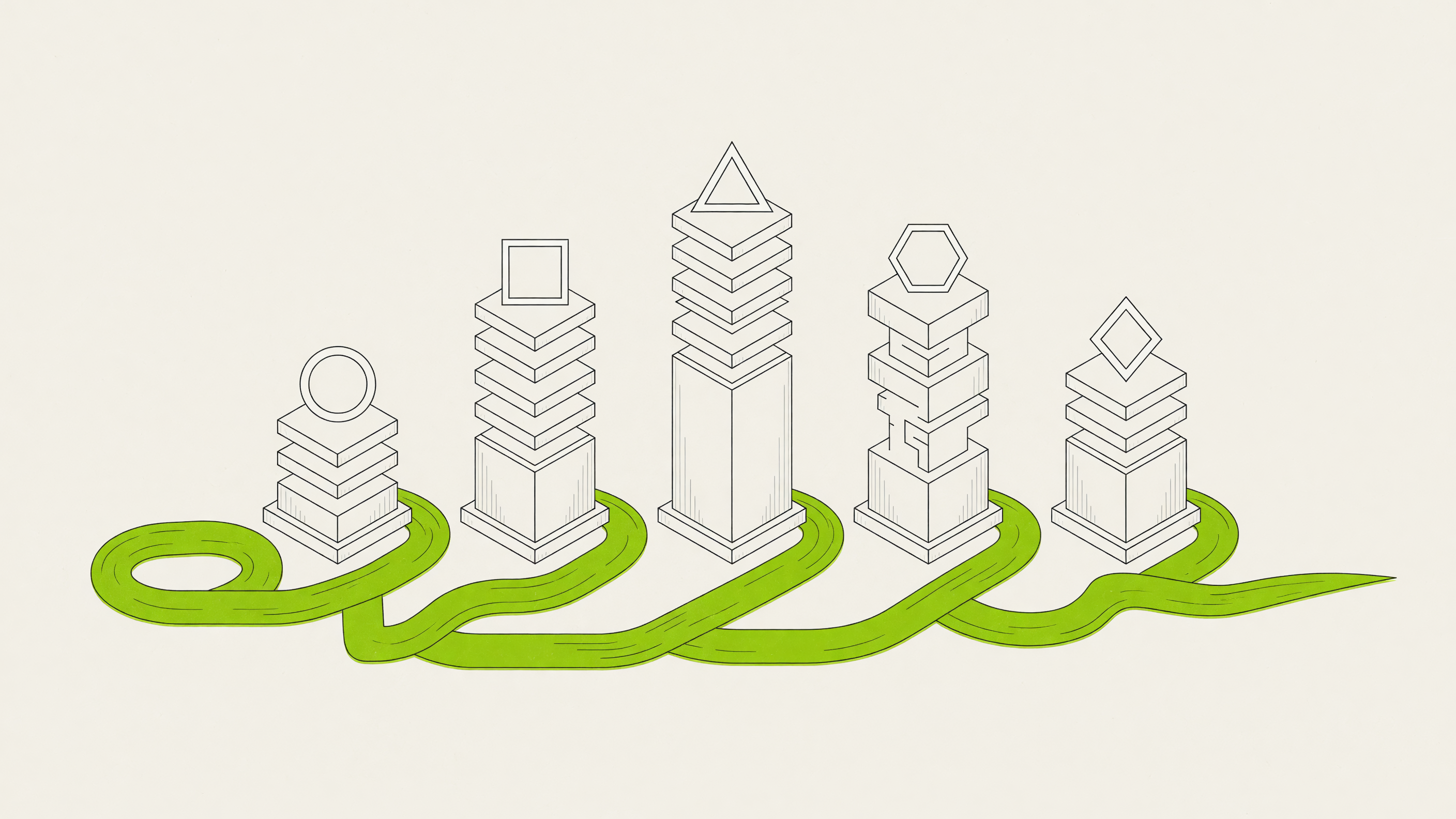 Flat vector illustration of five pillars of varying heights topped with different geometric emblems, threaded together at the base by a single flowing ribbon