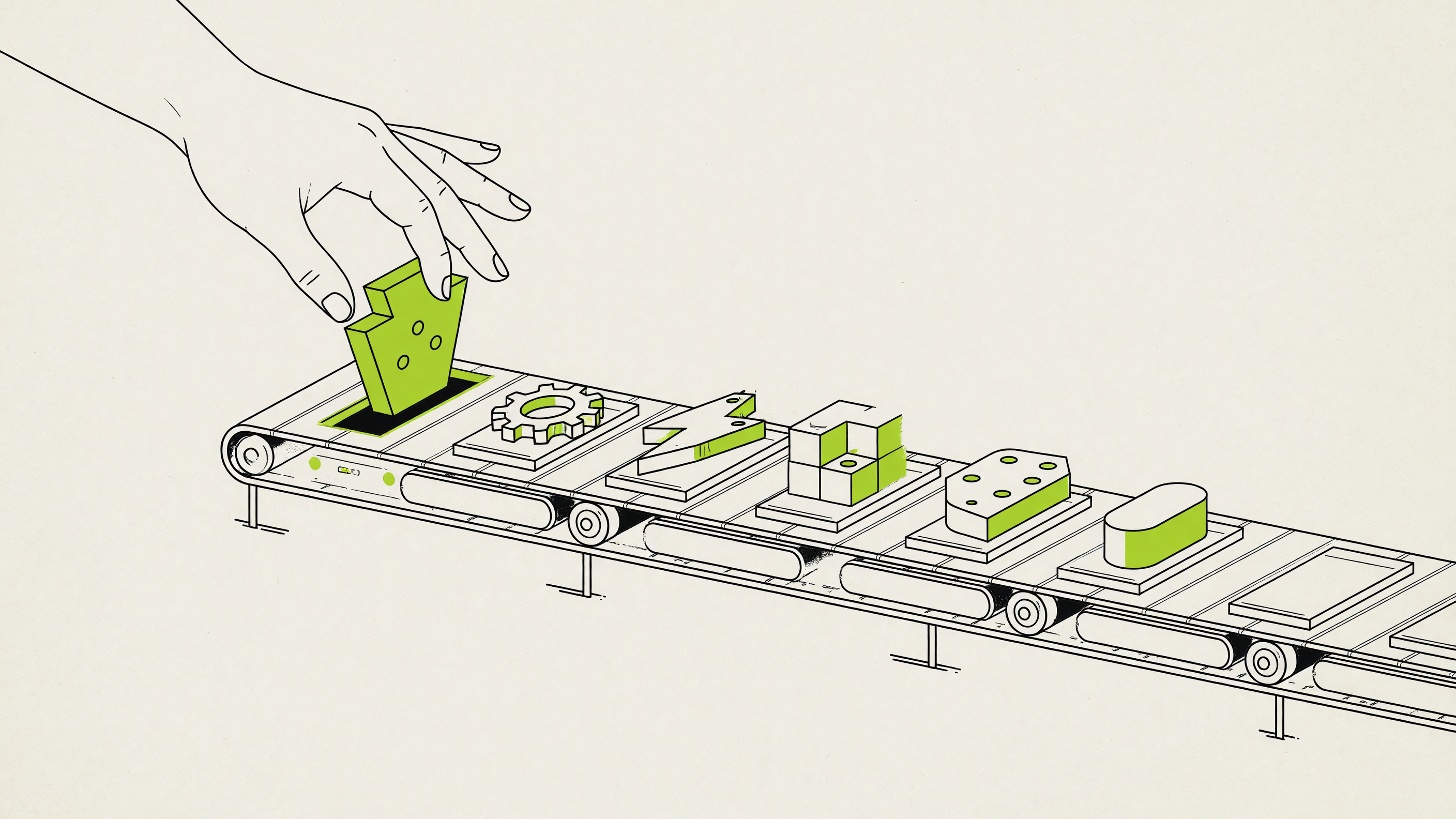 Flat vector illustration of a hand placing a distinctive keystone shape into the top of an automated production line that continues producing varied output below
