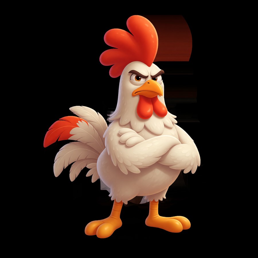 Roostie, the app's rooster, standing with his wings folded and refusing to move