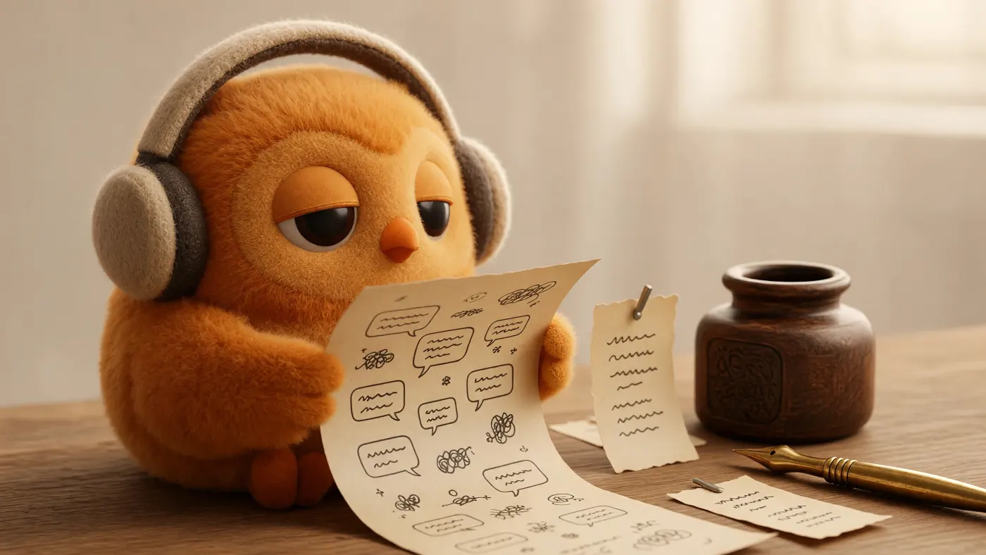YouTube comment history: a felt owl in headphones reads a long scroll of comment bubbles beside pinned notes, an ink pot and a pen
