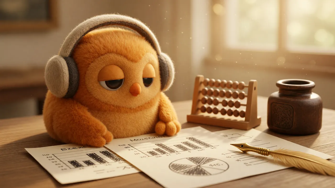 YouTube statistics: a felt owl in headphones beside an abacus and printed bar and pie charts on a wooden desk