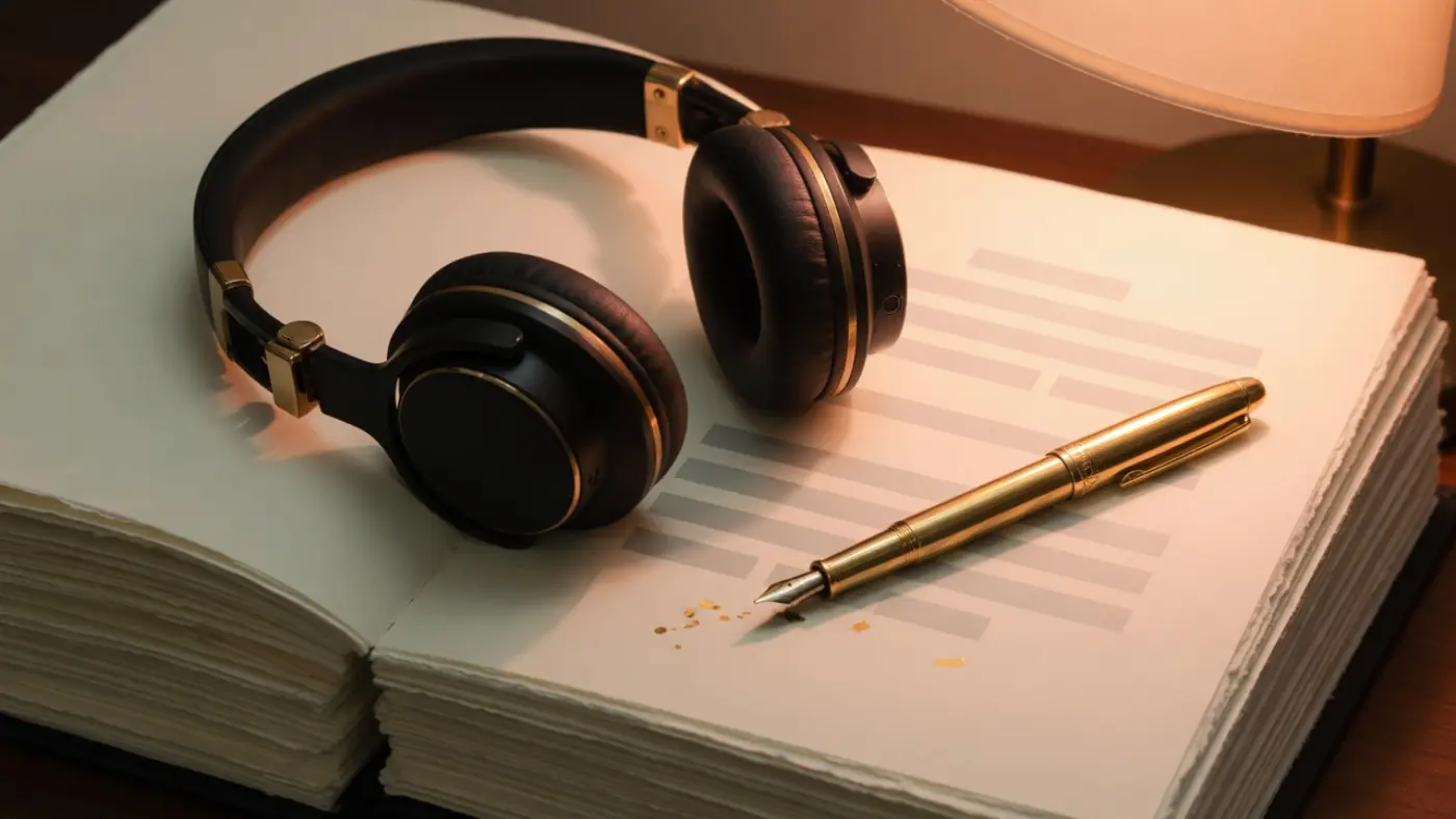Turn a YouTube video into a blog post: headphones resting on manuscript pages with a gold pen