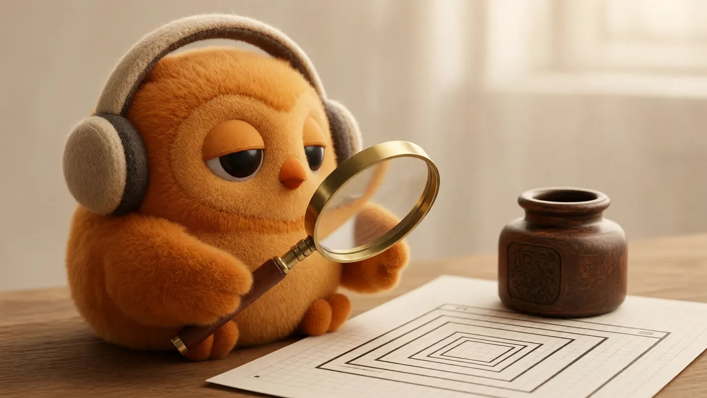 YouTube resolution: a felt owl in headphones holds a magnifying glass over a sheet of nested rectangles on a wooden desk
