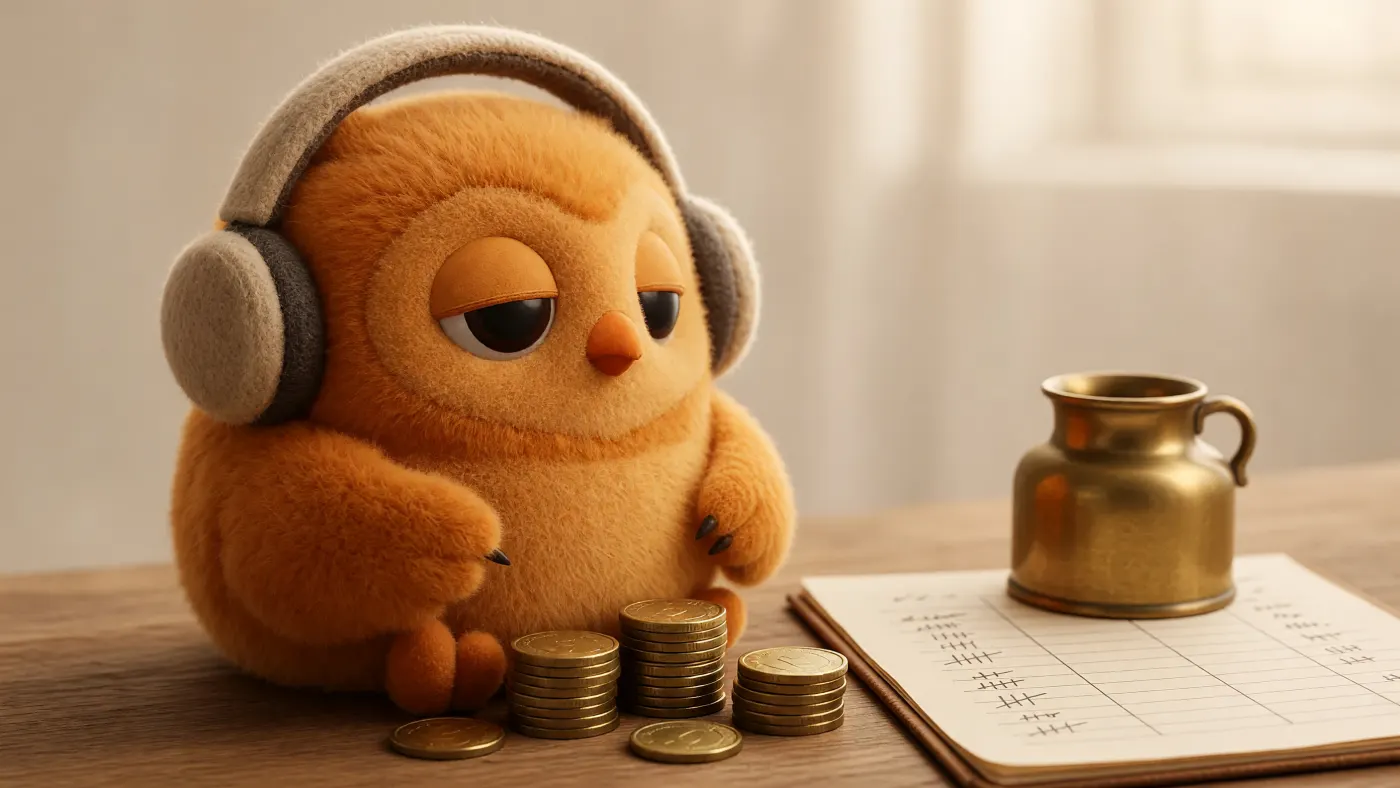 How much does YouTube pay per view: a felt owl in headphones beside stacks of gold coins, a brass jug and a ruled ledger on a wooden desk
