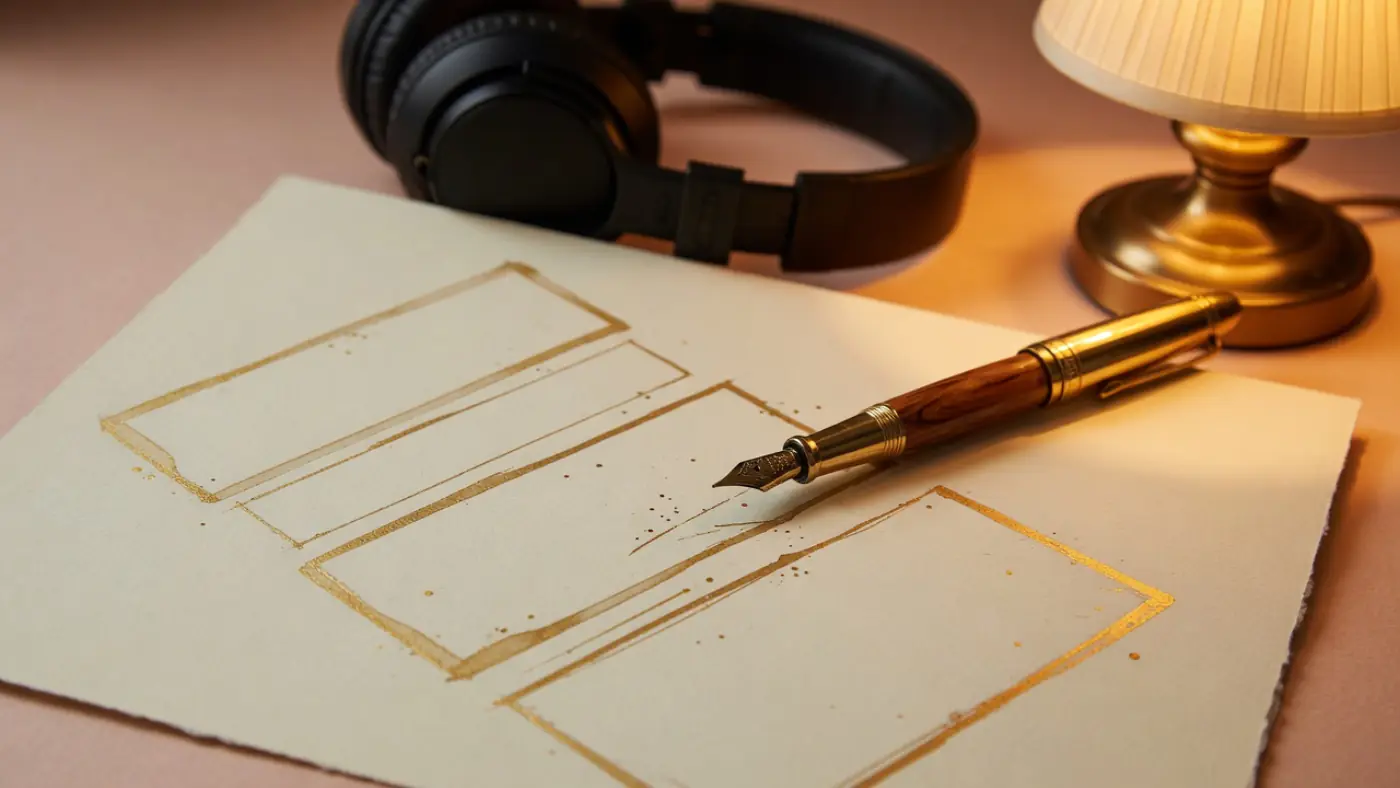 Workflow for turning a YouTube video into a blog post: a marked-up 90 minute podcast transcript beside a drafted article spine with headings and timestamped quotes