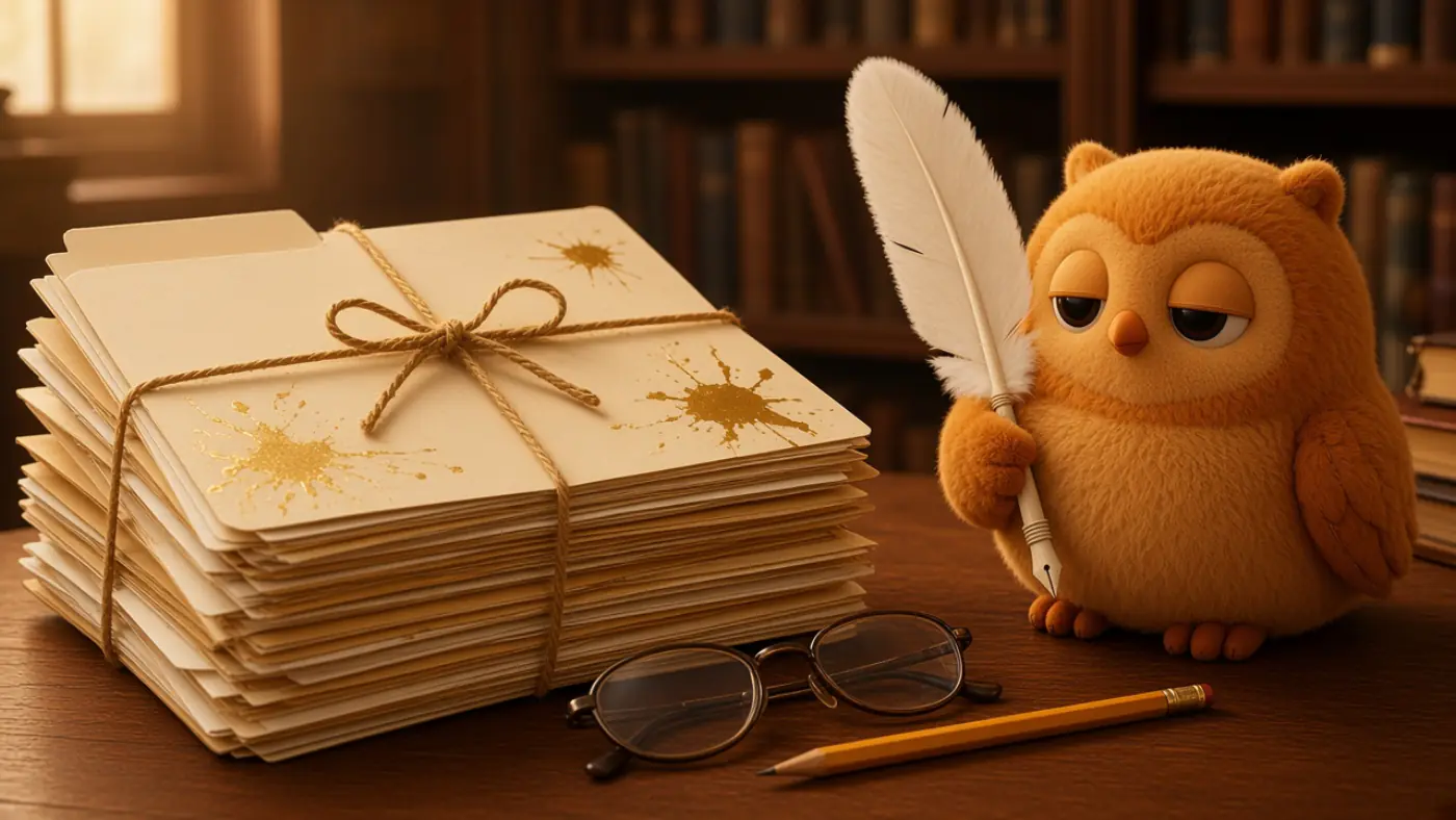 How to get a transcript from a YouTube playlist: a stack of cream lecture folders tied with gold twine
